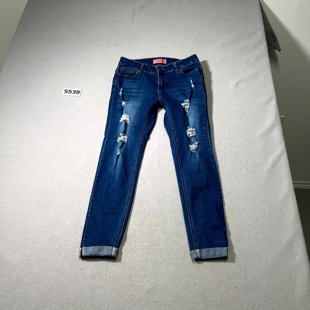 Wax Jean Womens 7 Blue Denim Cotton Stretch Distressed Skinny‎ Leg Cuffed Hem